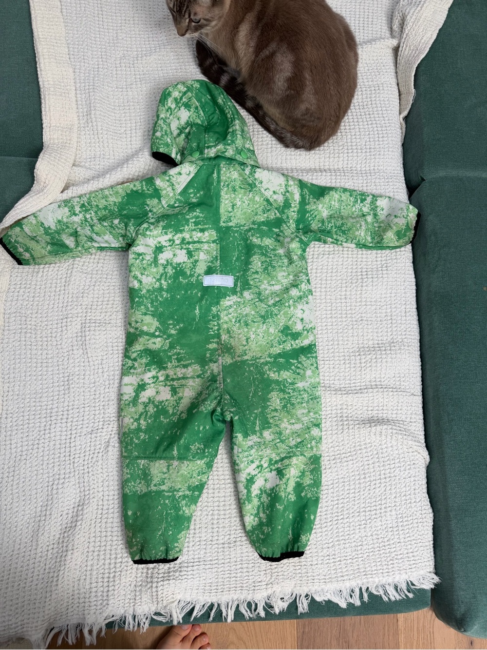Reima fleece lined Green Tie-Dye Hooded One-Piece water proof raincoat jumpsuit